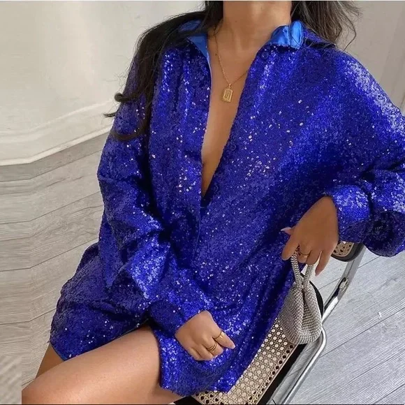 Sequin dress shirt collar button top night out party dresses royal blue - Picture 2 of 8